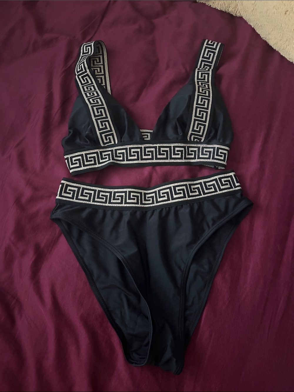 Black Greek Key-Trim Bikini Set - Women Swim